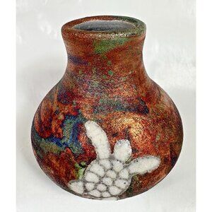 Javier Gayton Art Pottery Raku Orange Green Sea Turtle Small Bud Vase Hawaii